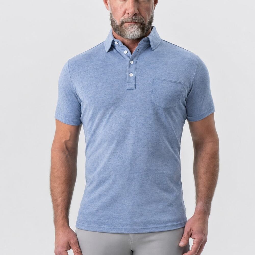 State and Liberty Heather Blue Pique Polo Shirt size Large